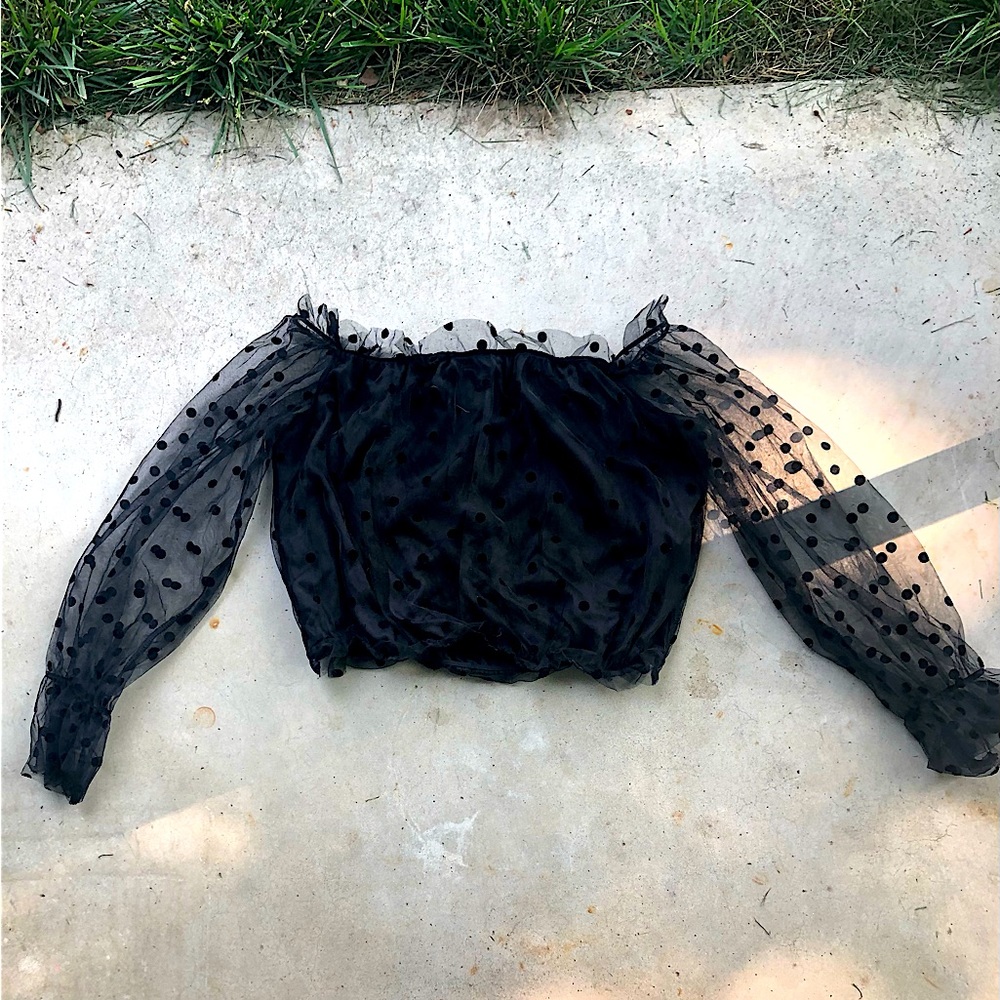 polka dot contrast mesh crop blouse
